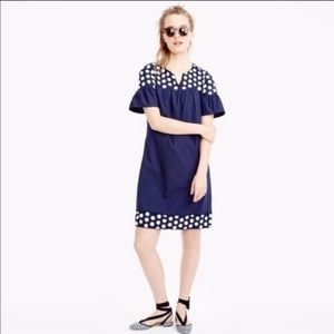 J Crew Bell Sleeve Navy Blue Textured Fringe Dot Cotton Dress Size 14